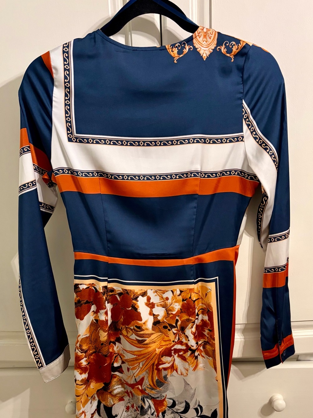 Satin Navy, Rust & Cream Twist-Front Printed Dress Small - Picture 3 of 6